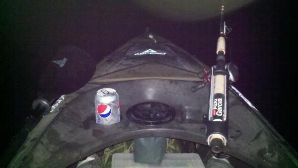 4:00 am I was on the water in 45 degree temperature. See the frosty kayak?  Pepsi is "My" coffee.