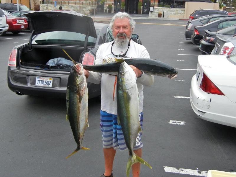 La Jolla bounty from 5-26-15. 3 yellow tail from the kayak on the same day is a personal best. 20.6, 19.75 and 19.25 lbs. Too much to try and take photo by myself had to wait and have my step-son take this photo, not easy when holding 60lbs of fish. So worth it!