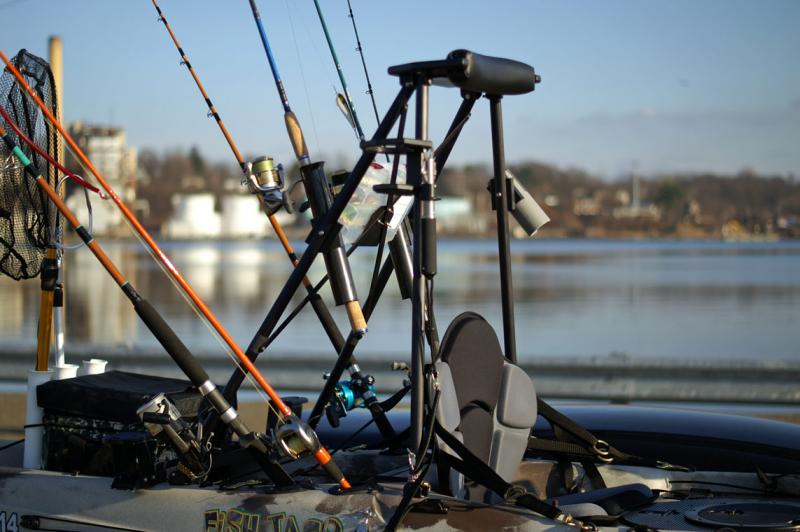 Stand-N-Fish leaning post (starboard side) with rod holders, tackle holder, paddle/oar holder, cup holder (where Boga grip is clipped) and tackle tray (not shown - up top near leaning pad)