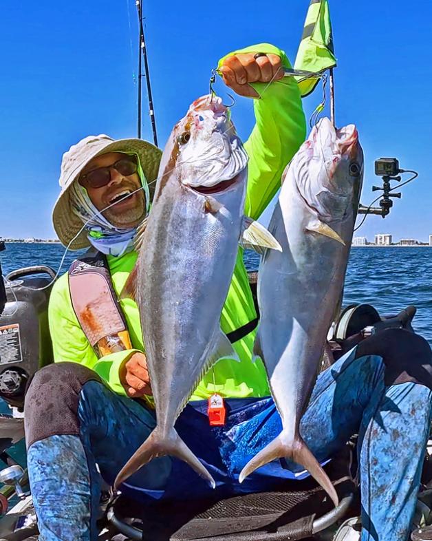 First of two Doubleheaders on Amberjacks.  It pays to use multiple hooks on a jig while ripping it through a school of hungry Amberjacks.